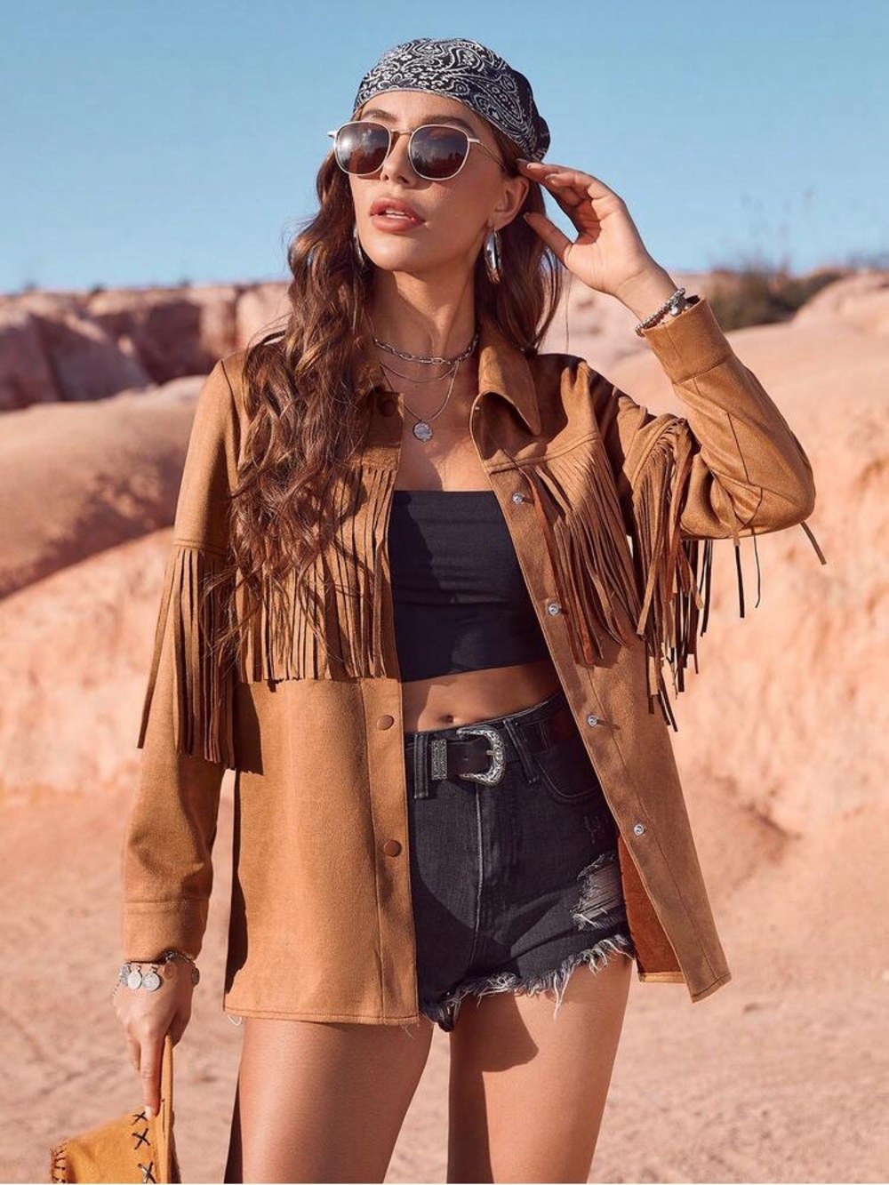 Women's blazer Fringe faux Suede Shacket - Brown